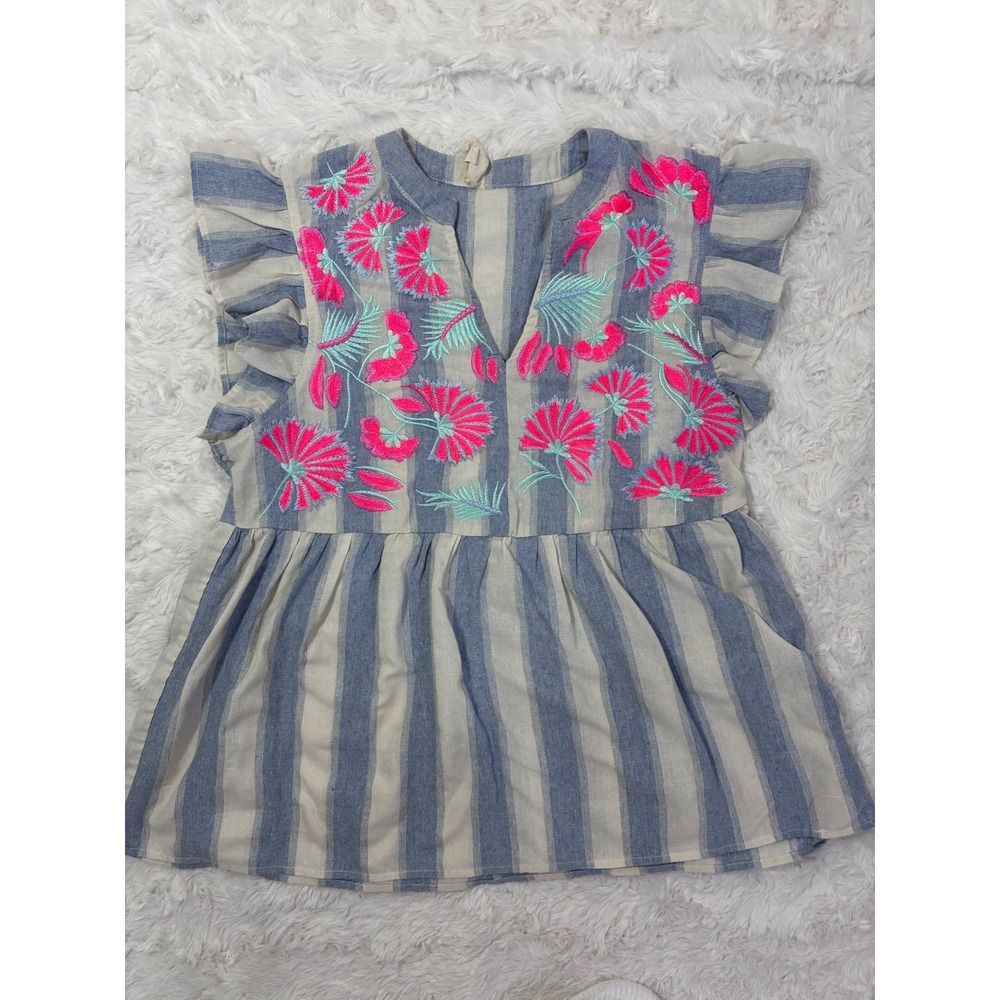 Womens Blue White Striped Pink Floral Embroidered Ruffle Babydoll Top Small